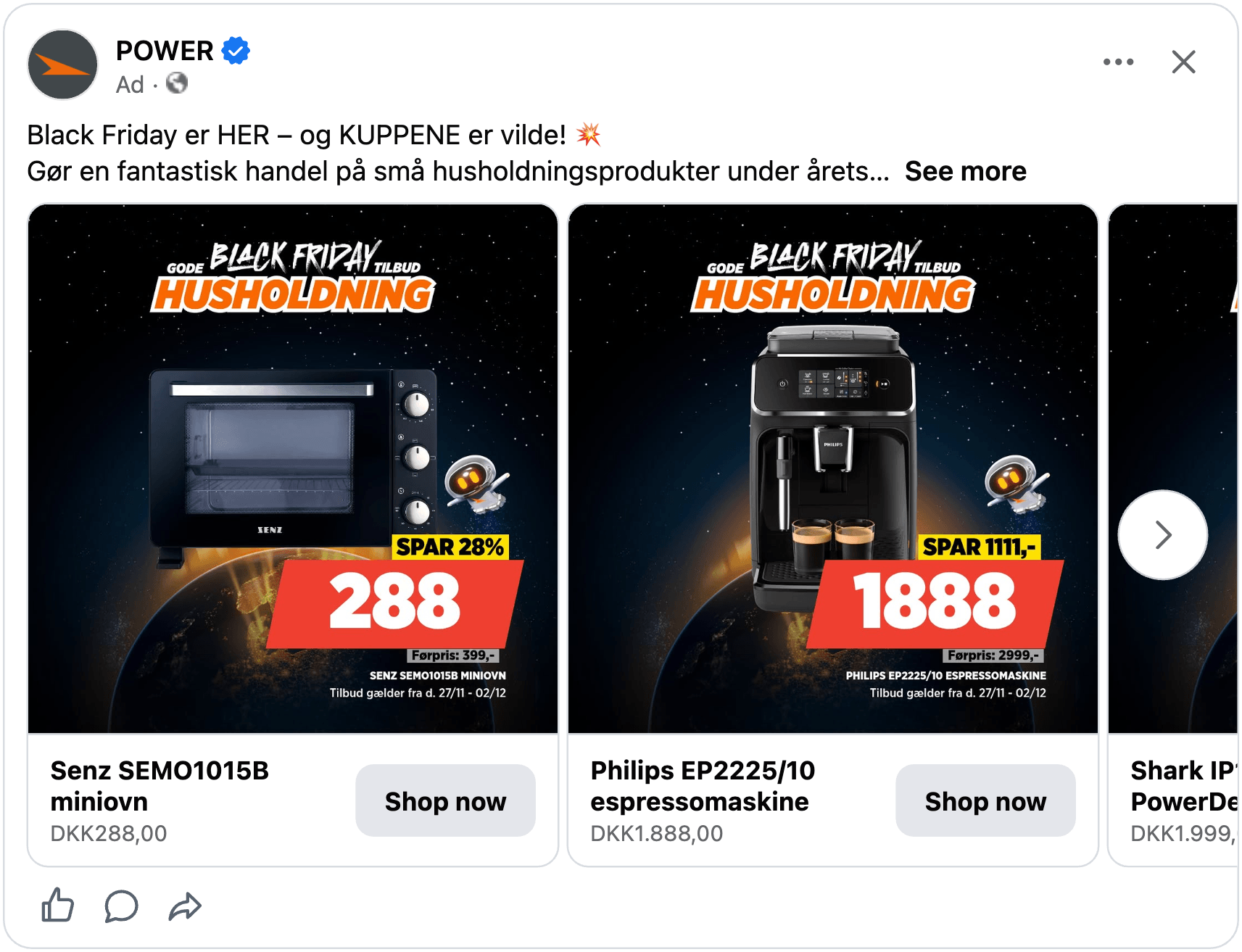 POWER Black Friday Catalog Ad: household appliances product set for prospecting, category named in the design ("HUSHOLDNING"), yellow "SPAR 28%" tag, price in a red block, original price and the offer dates