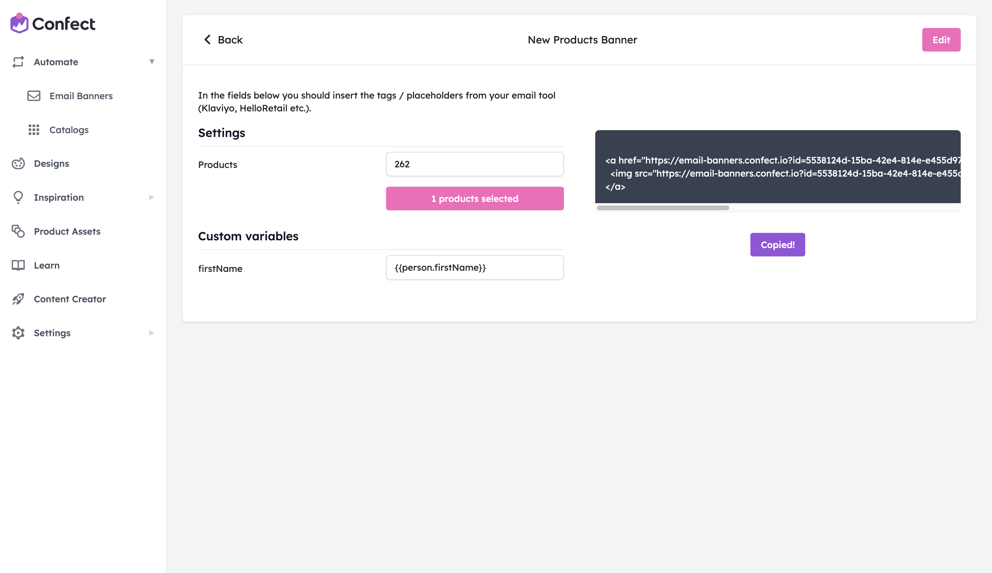 Copying the URL of an email banner automation