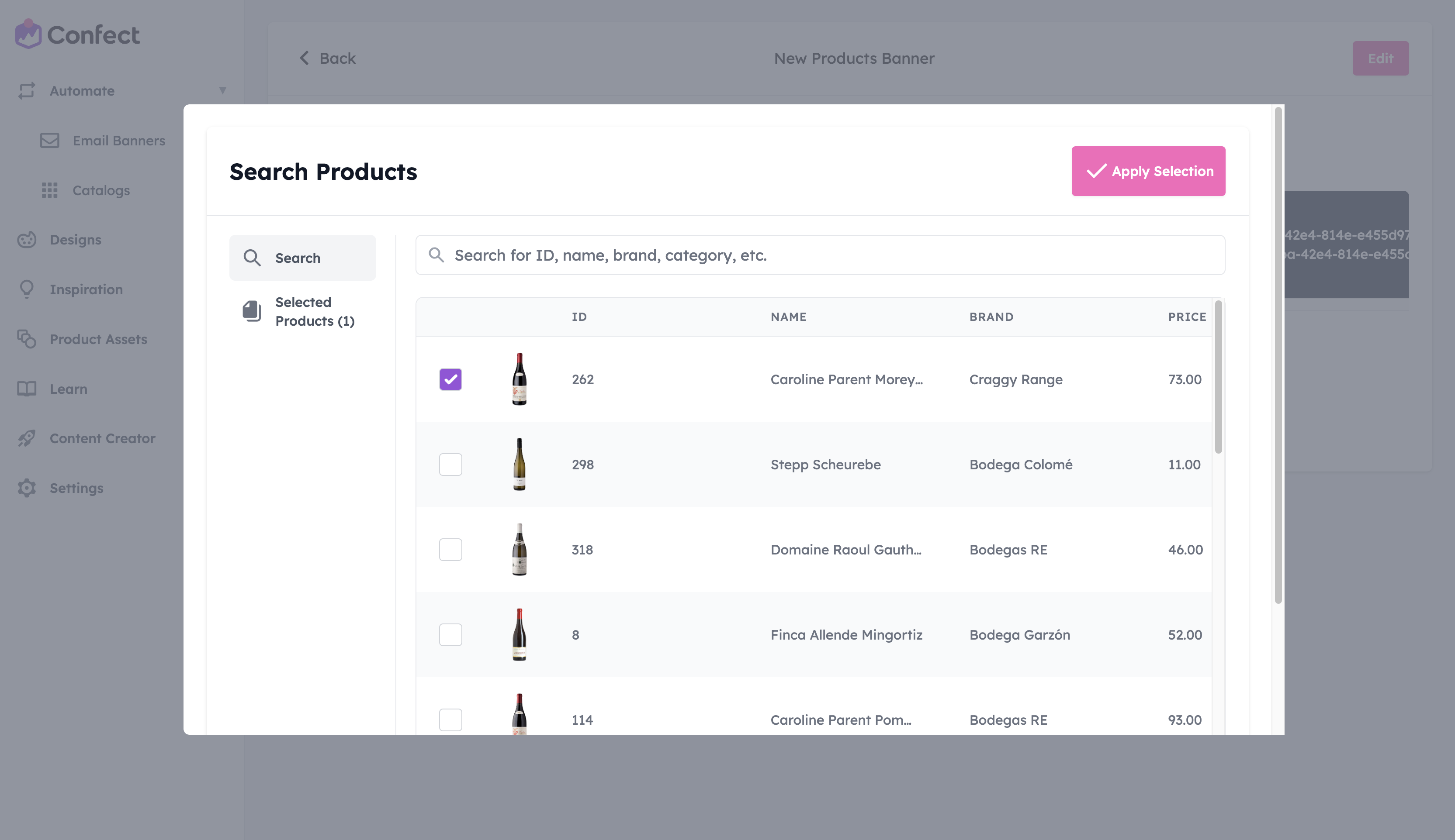 Selecting a product for an email banner automation