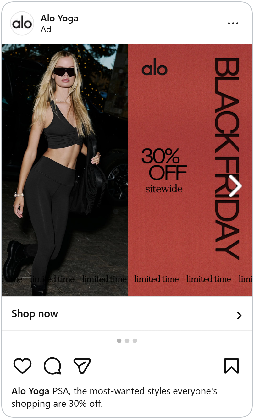 alo yoga instagram catalog ad example black friday 2026