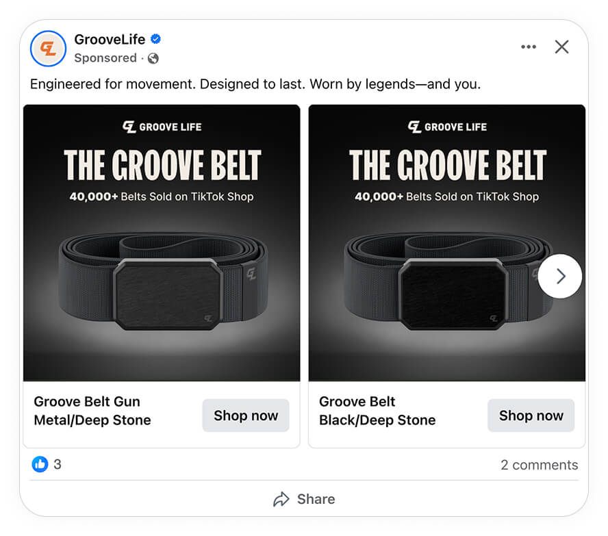 catalog ad of the week facebook ad example groovelife two black belts
