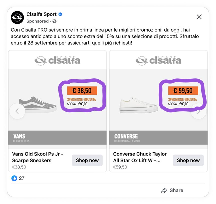 cisalfa sport facebook ad example highlighted price catalog ad of the week