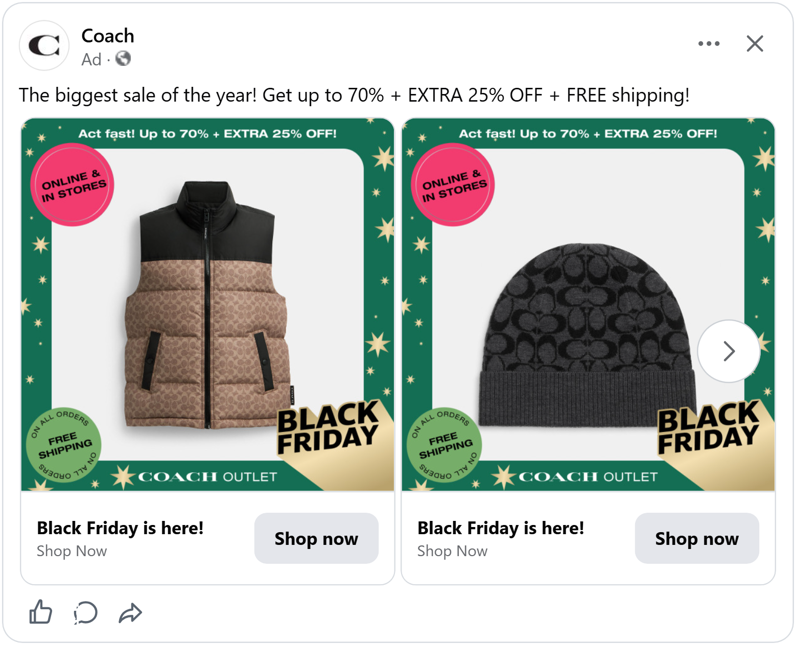 coach black friday 2026 facebook catalog ad example