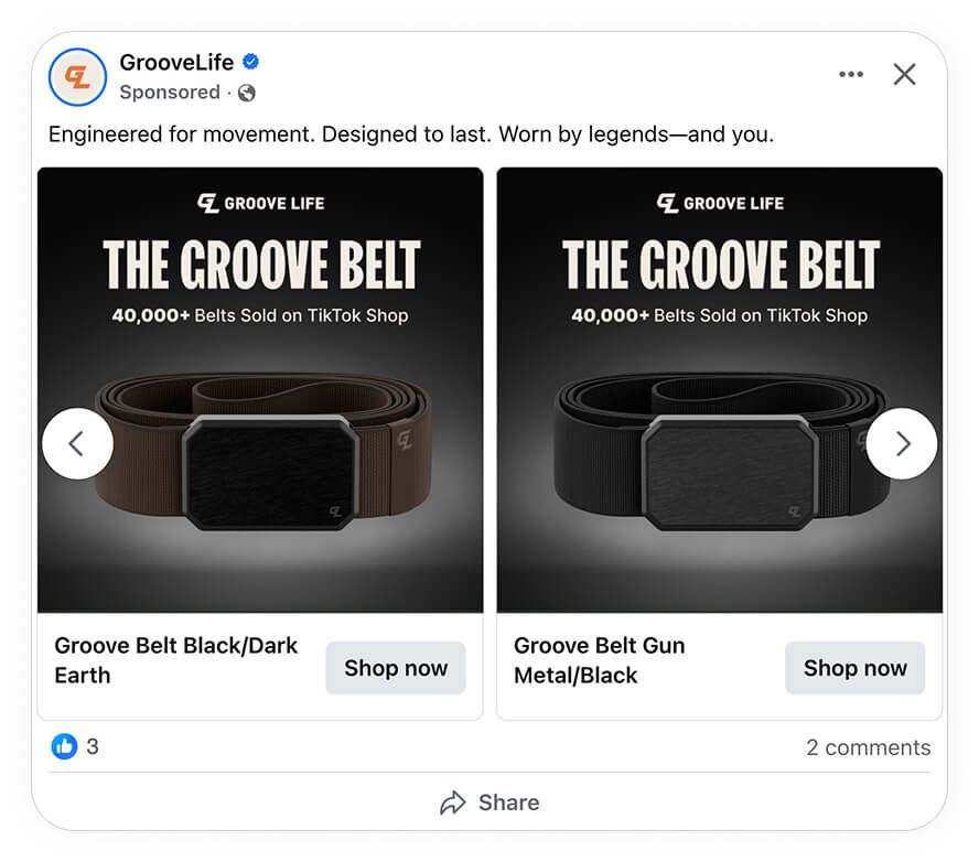 groovelife catalog ad of the week facebook catalog ad example brown and black belt