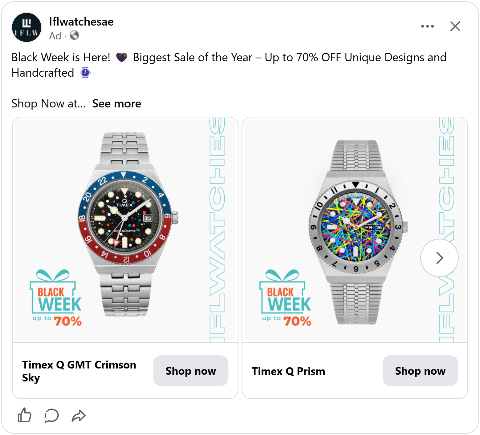ifl watches black week 2026 facebook catalog ad example
