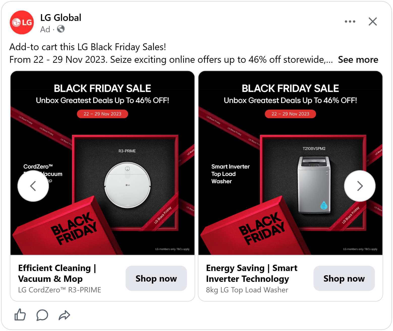 lg facebook catalog ad example black friday 2026