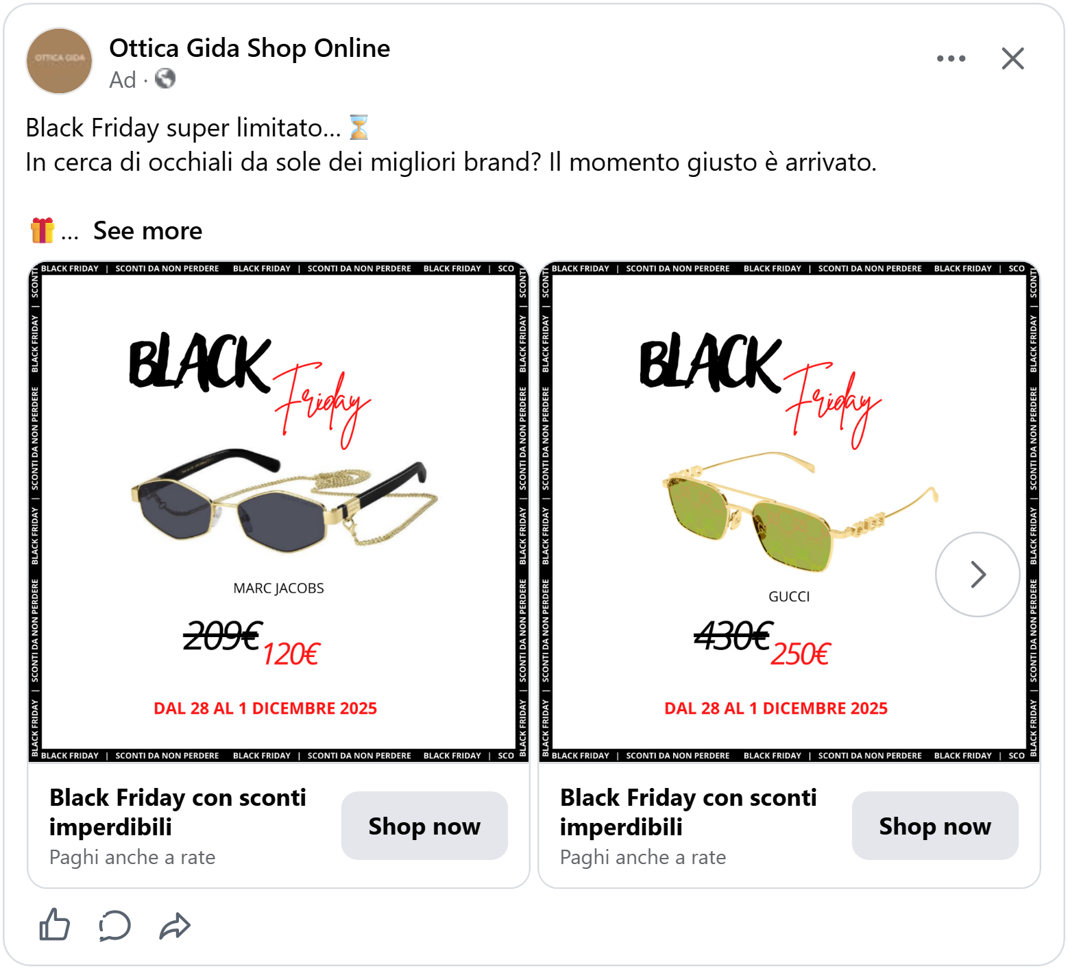 ottica gida shop black friday 2026 facebook catalog ad example