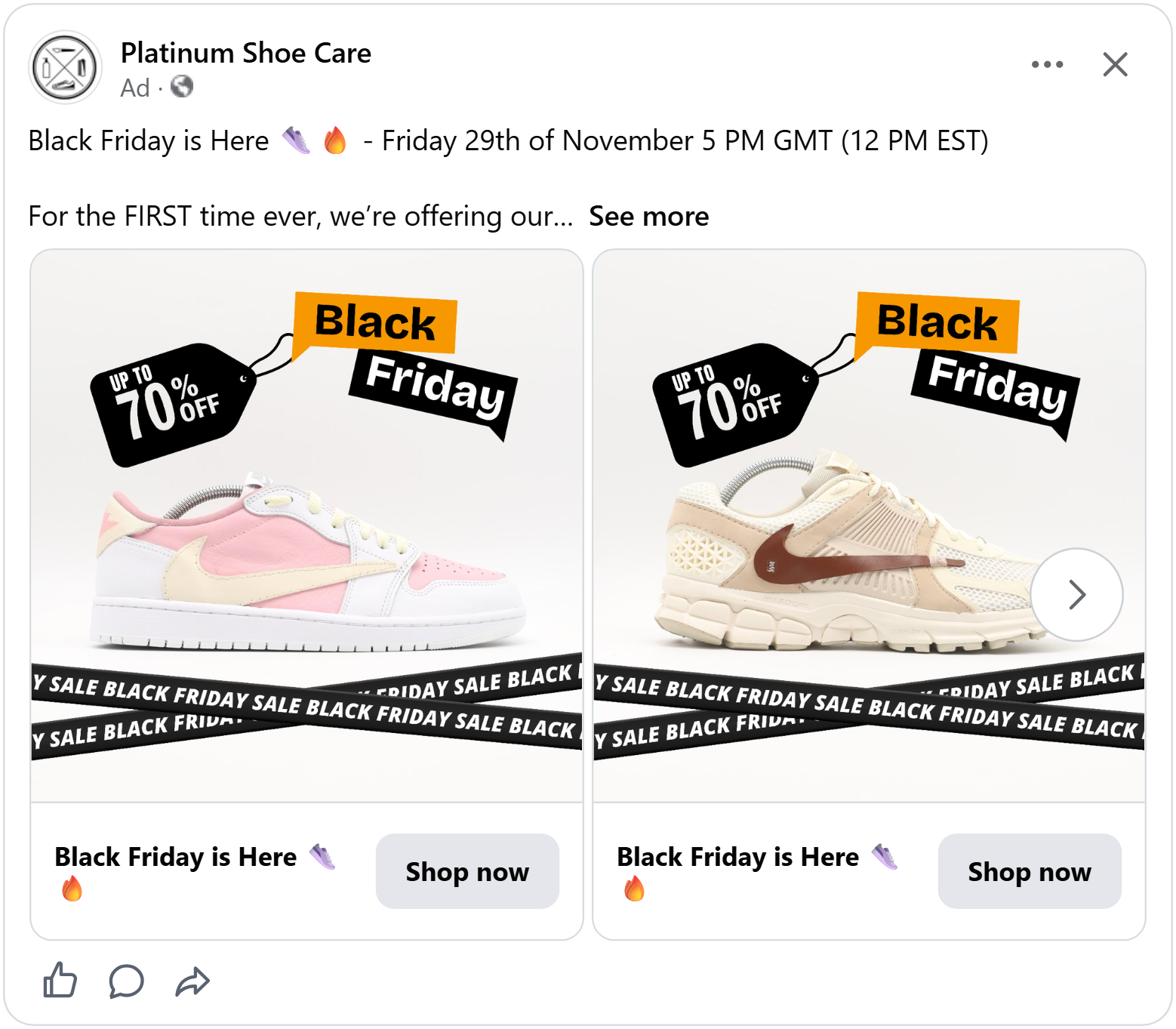 platinum shoe care black friday 2026 facebook catalog ad