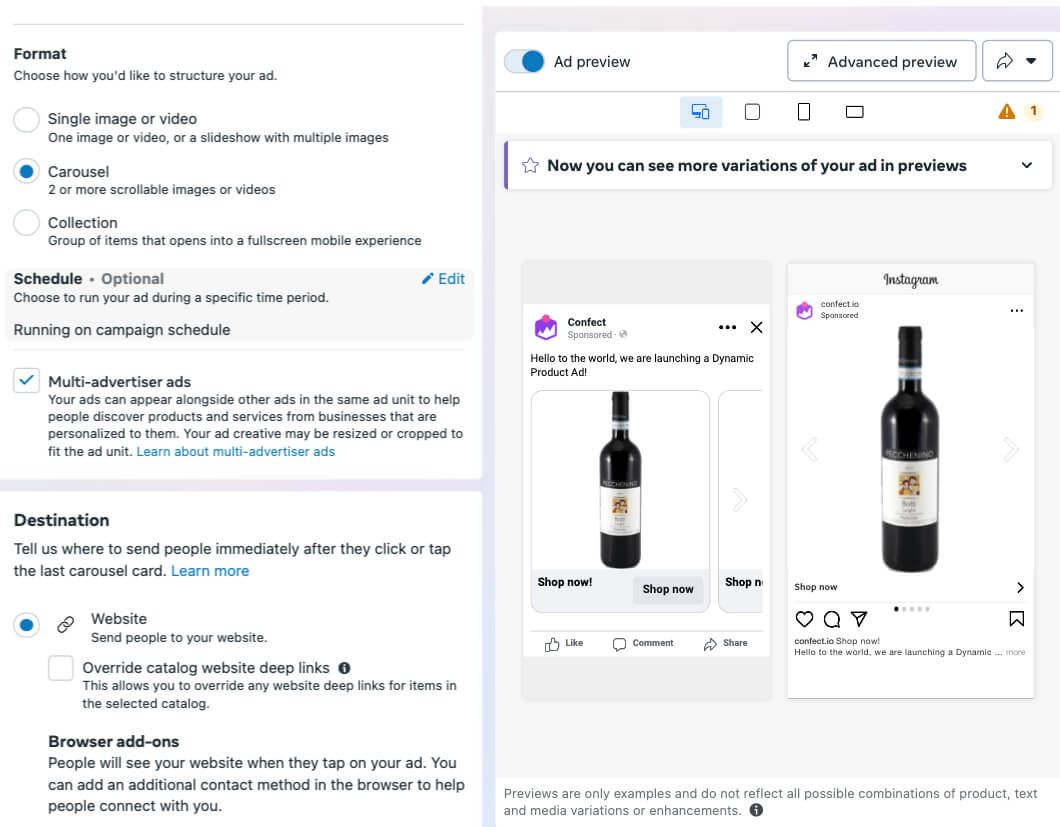 setting up carousel ad in facebook ads manager