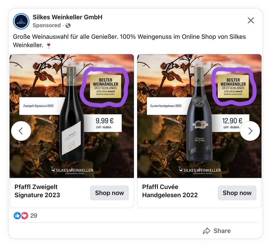 silkes weinkeller facebook ad example award badge highlight catalog ad of the week