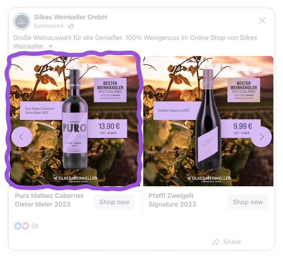 silkes weinkeller facebook ad example background highlight catalog ad of the week