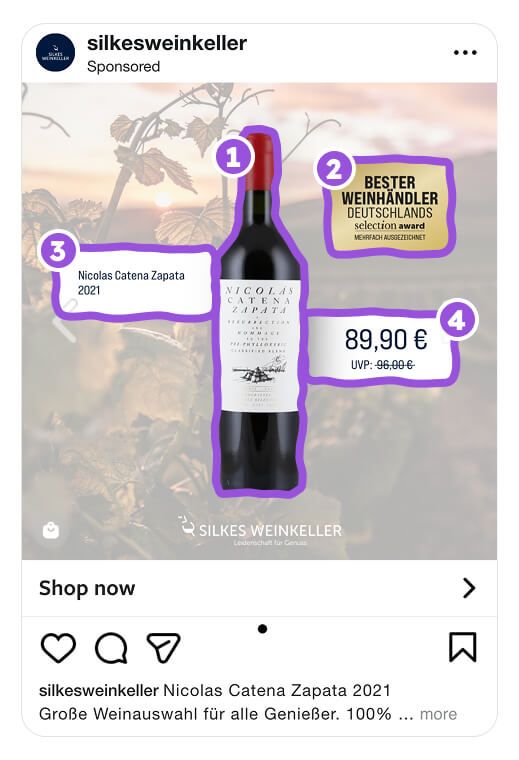 silkes weinkeller instagram ad example product and badges highlight catalog ad of the week
