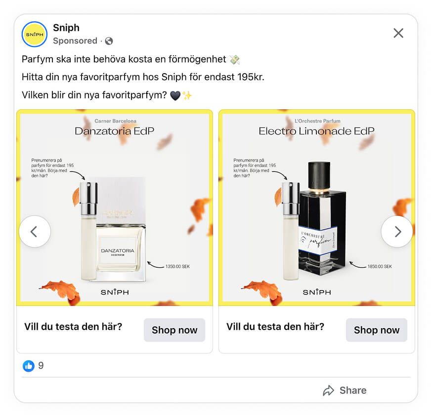 sniph facebook ad example catalog ad of the week