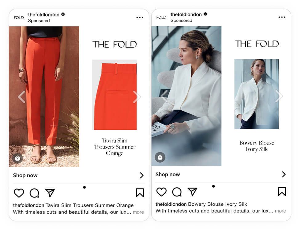 the fold orange trousers ivory blouse instagram catalog ad example